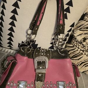 Pink and Brown Western Studded Handbag
